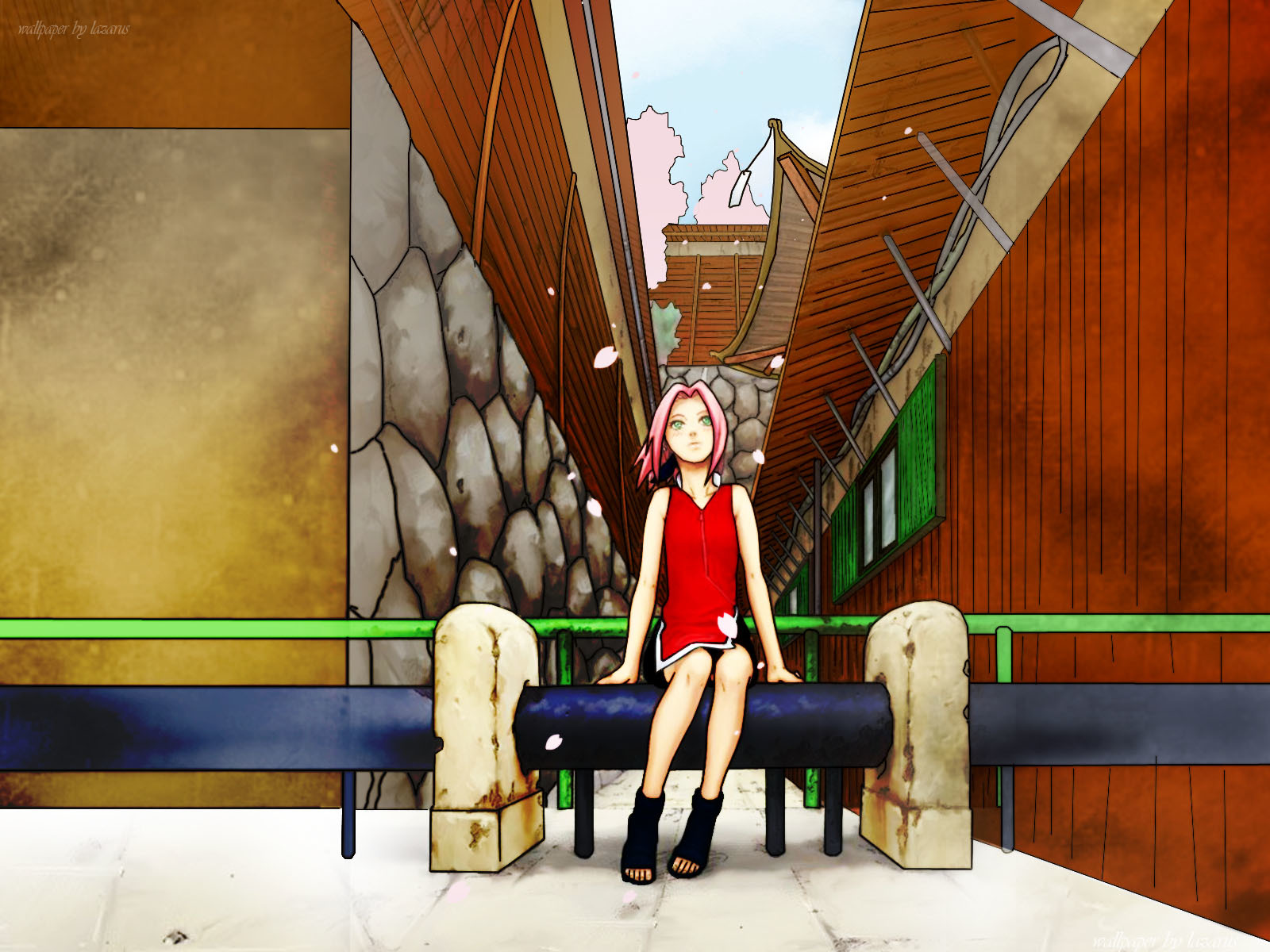 Sakura sitting on a bench