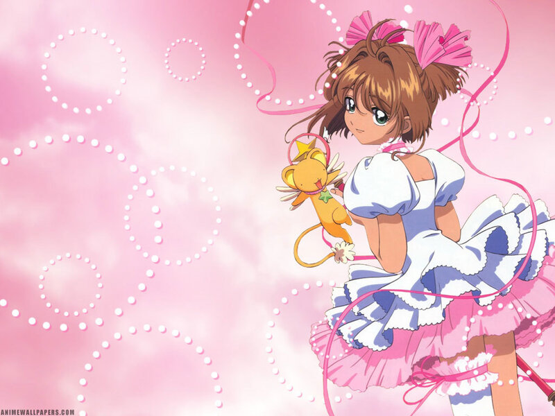 Sakura with Kero in a pink dress
