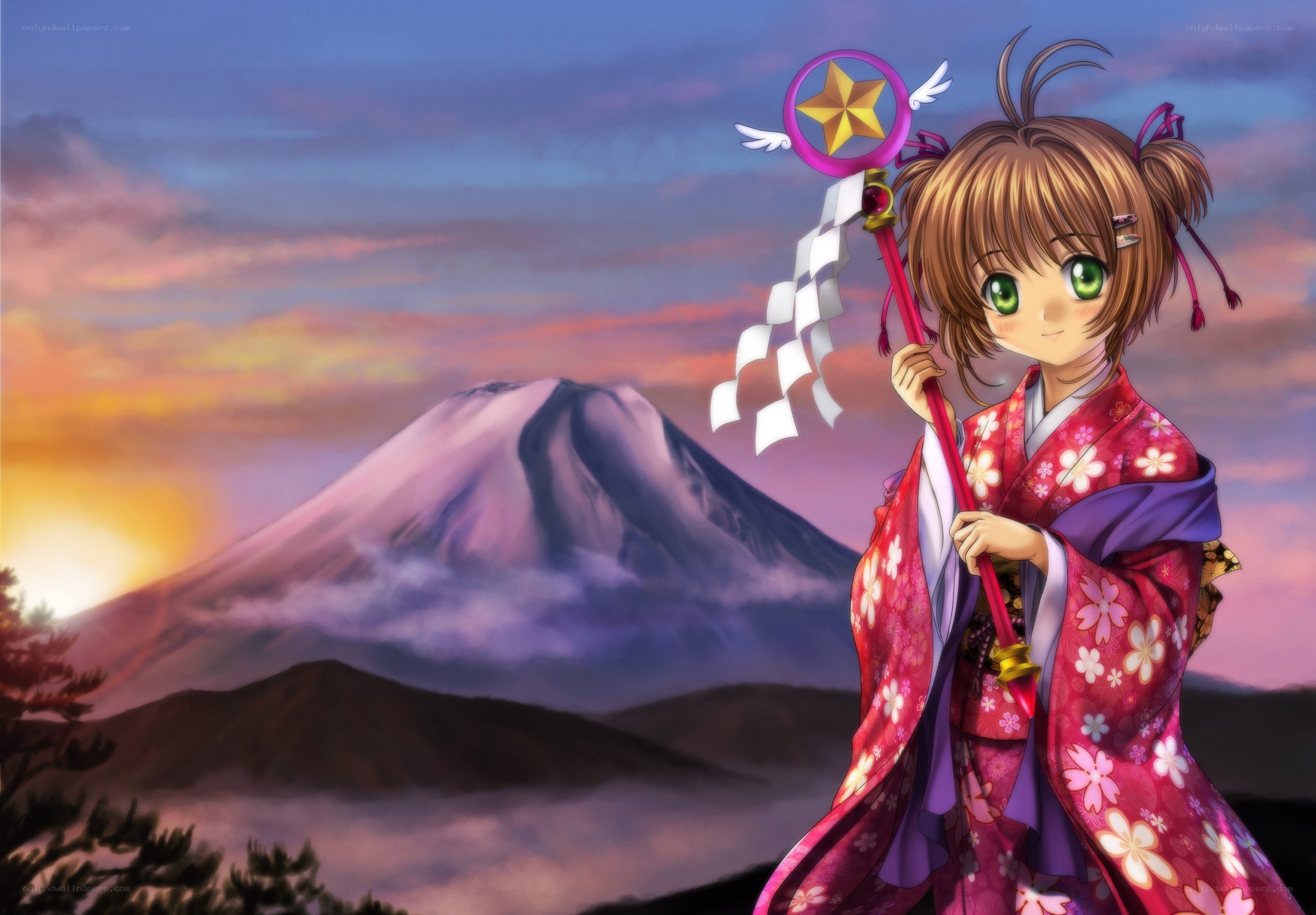 Sakura with wand at Mount Fuji