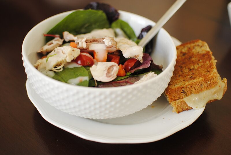 salad and grilled cheese sandwich