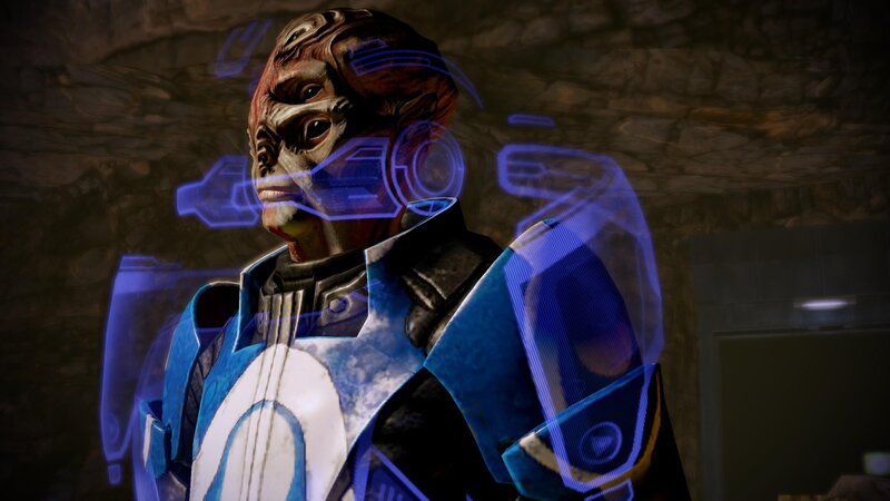 Salarian character in blue armor