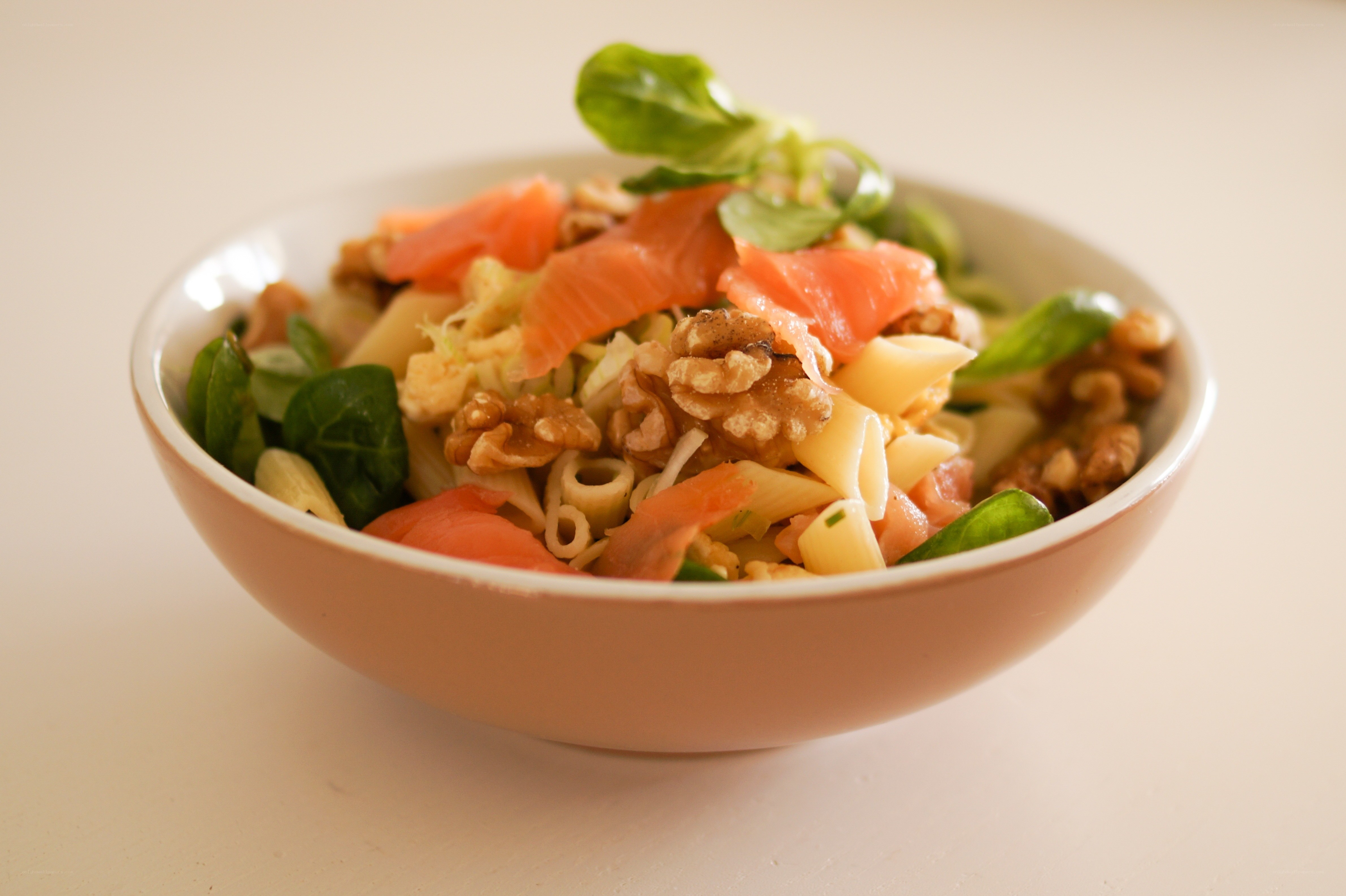 Salmon and walnut pasta salad