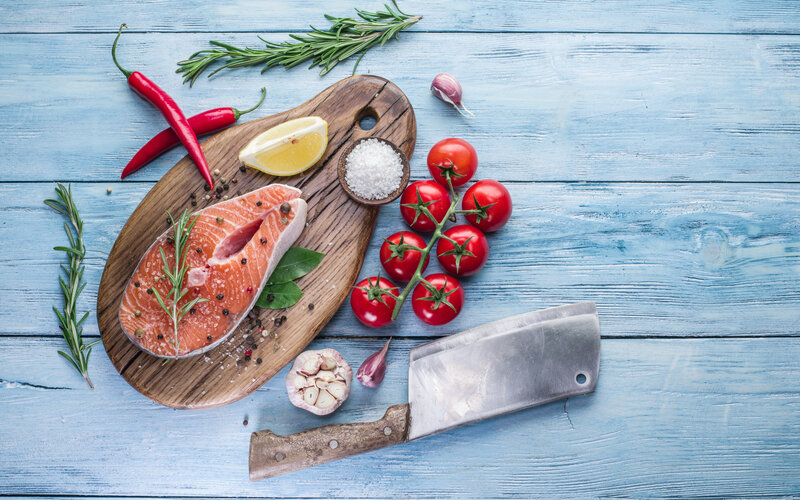 Salmon Fillet on Cutting Board — Blue