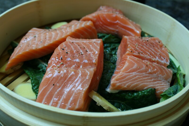 Salmon fillets in steamer