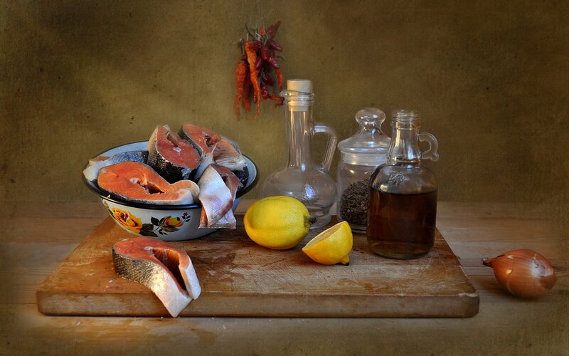 Salmon Fillets on Cutting Board — Brown