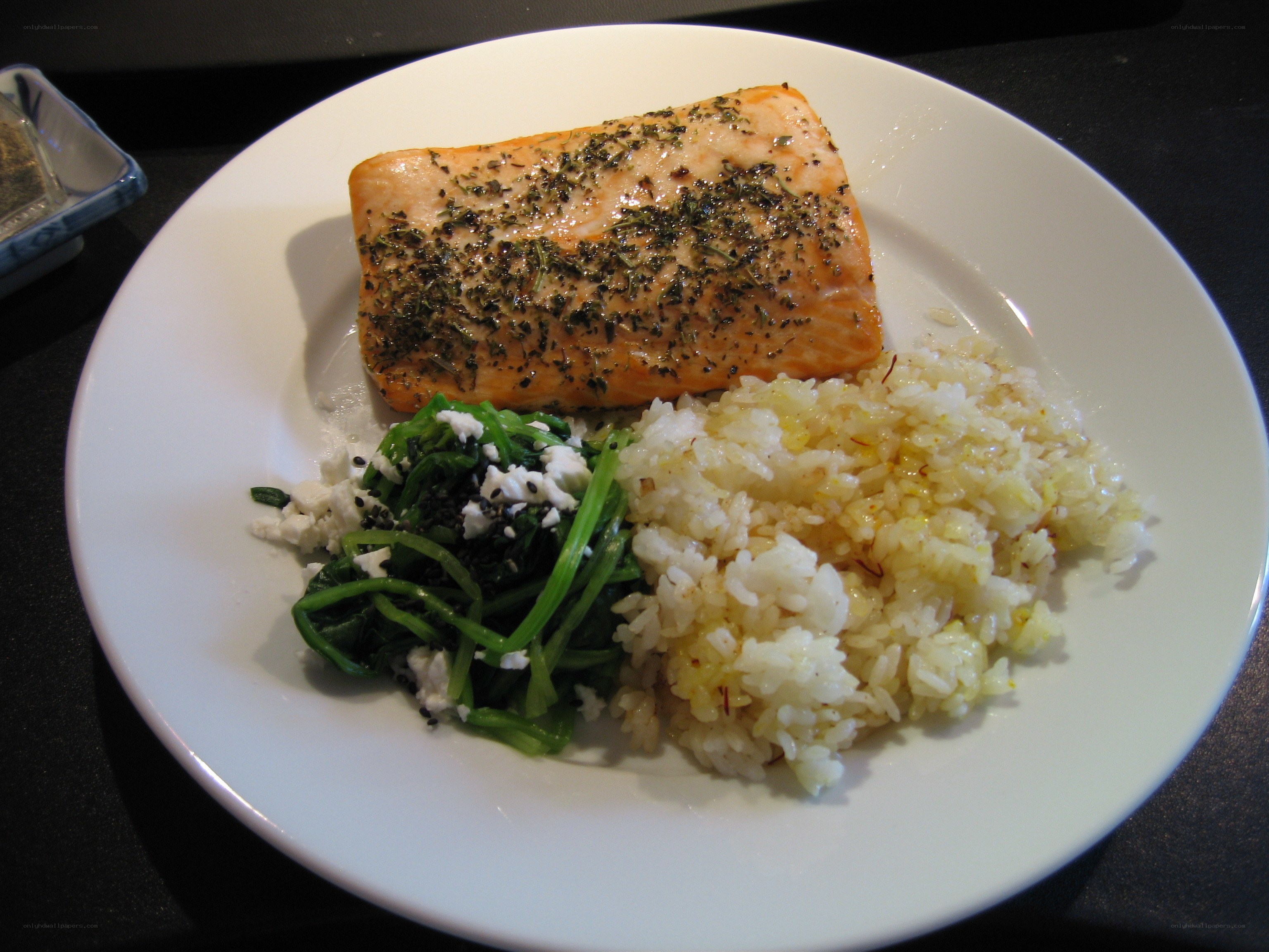 Salmon with rice and greens