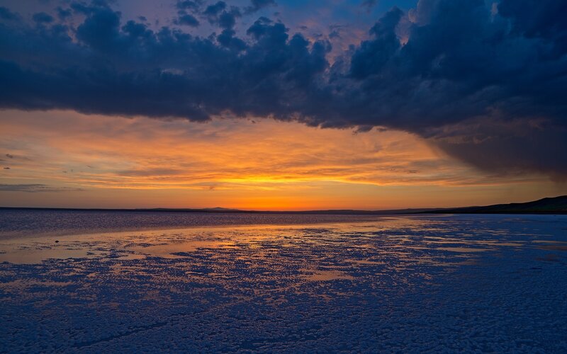 Salt Flat at Sunset — Orange, Dramatic, Photograph, Sky, Clouds