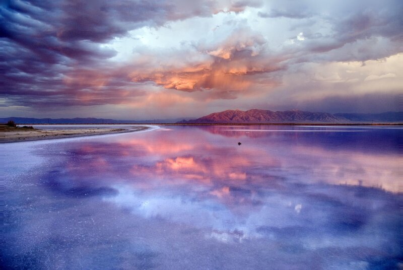 Salt Flat at Sunset — Purple, Dramatic, Photograph, Mountains, Clouds