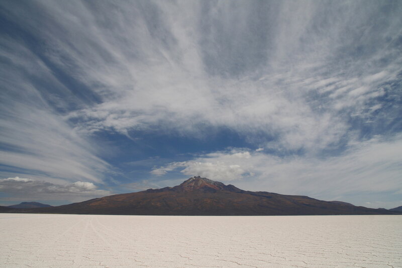 Salt flat with mountain