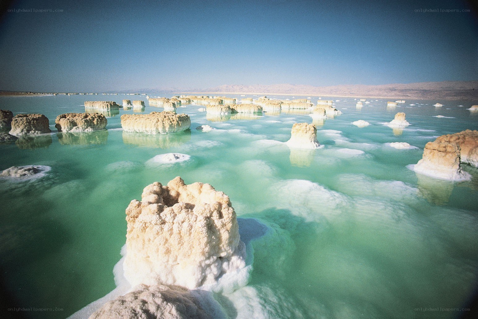 Salt formations in a turquoise lake