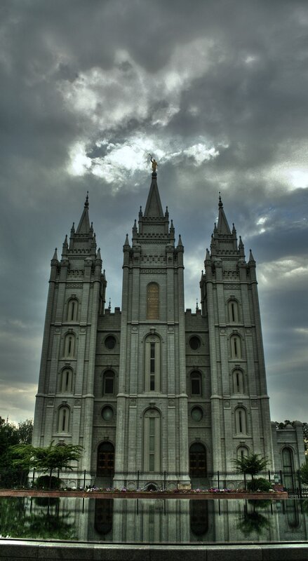 Salt Lake Temple under stormy sky