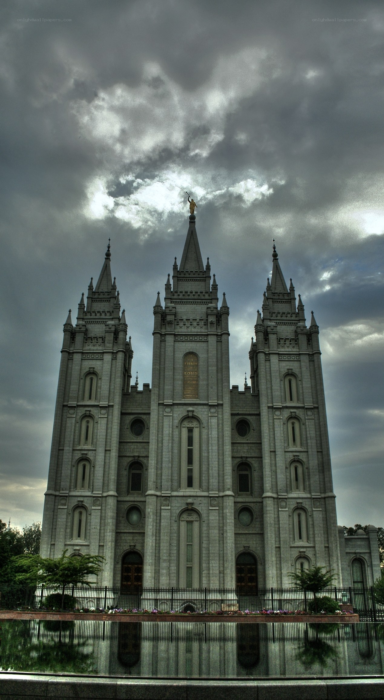 Salt Lake Temple under stormy sky