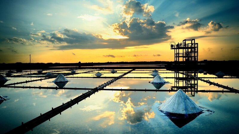Salt Pans at Sunset — Blue, Dramatic, Photograph, Clouds