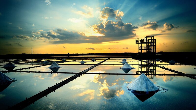 Salt Pans at Sunset — Blue, Dramatic, Photograph