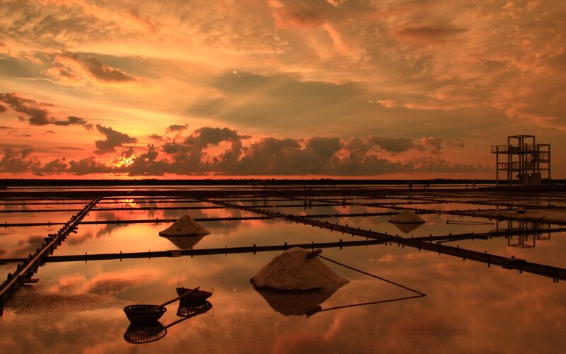 Salt Pans at Sunset — Orange, Dramatic