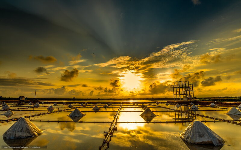 Salt Pans at Sunset — Yellow, Dramatic
