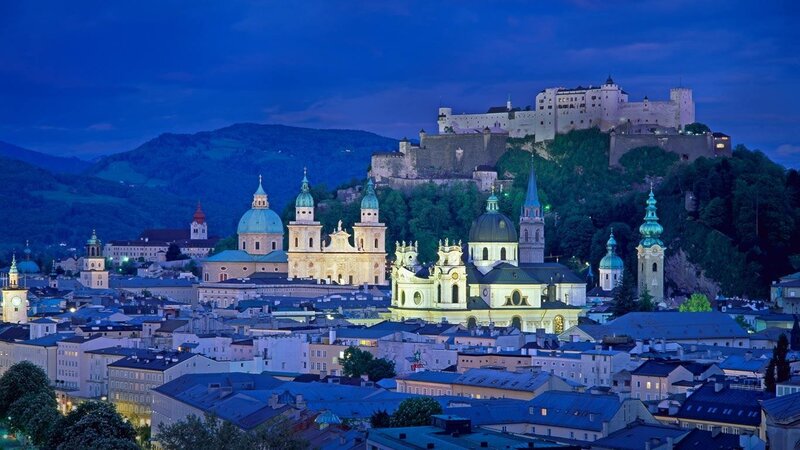 Salzburg at dusk with fortress