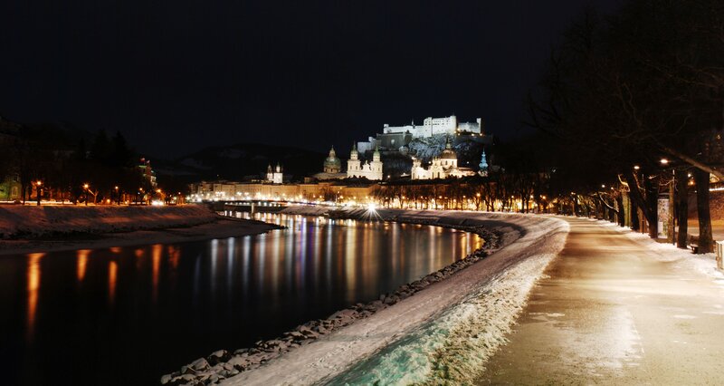 Salzburg at night with river and castle