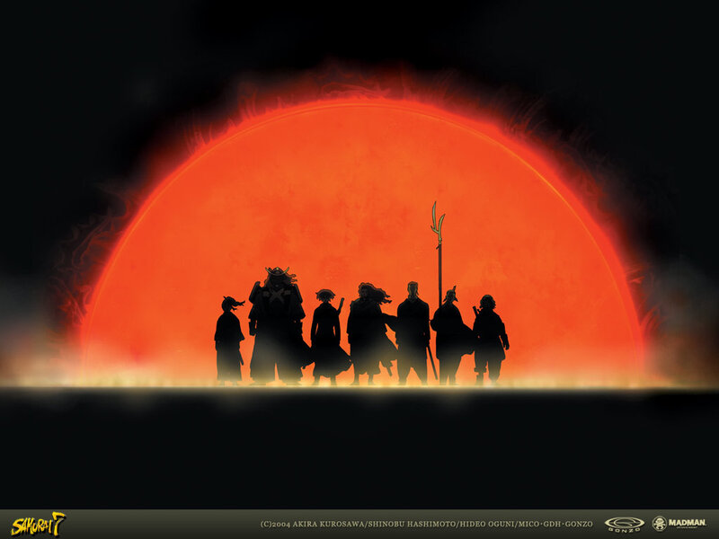 Samurai 7 silhouettes at sunset