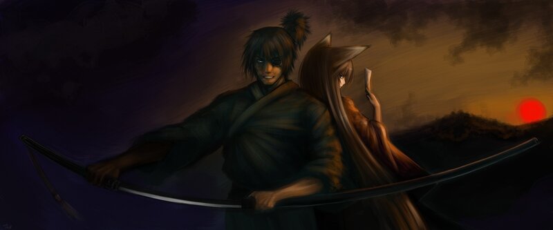 samurai and fox girl at sunset