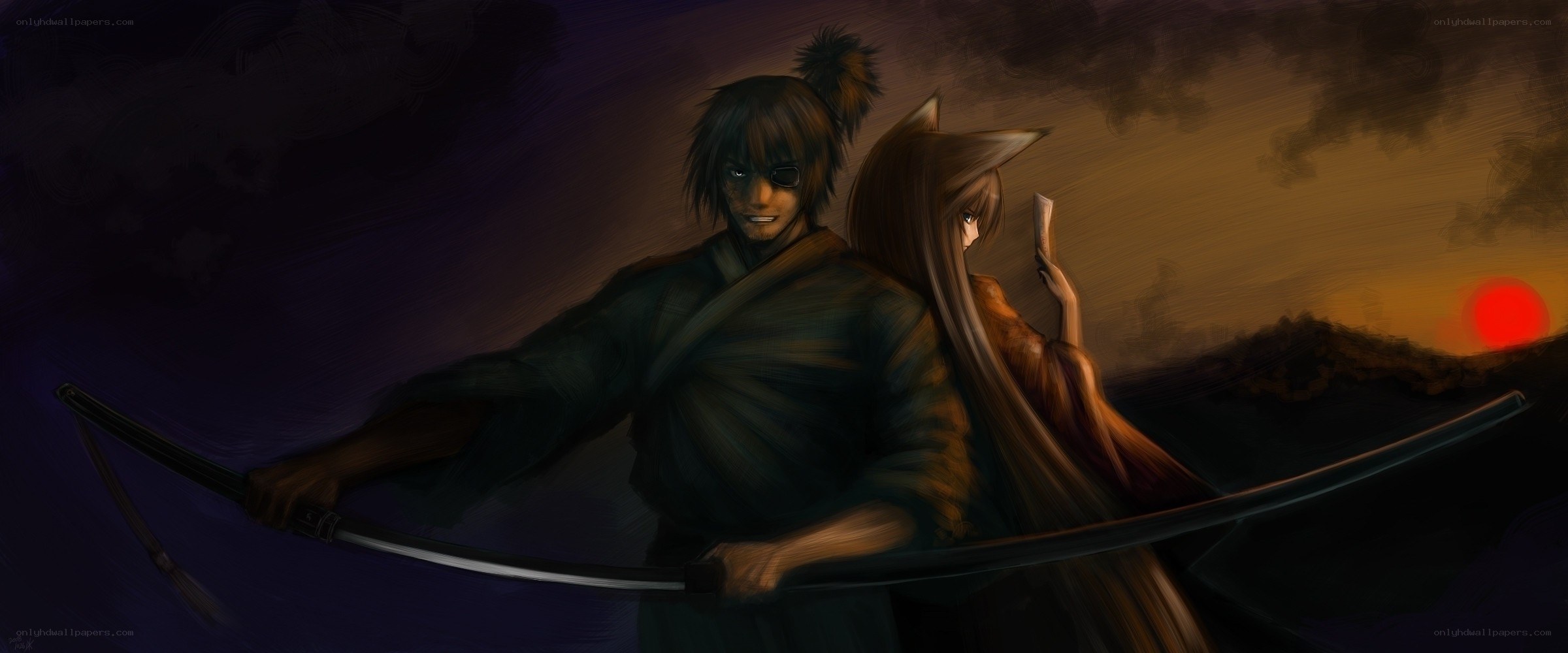 samurai and fox girl at sunset