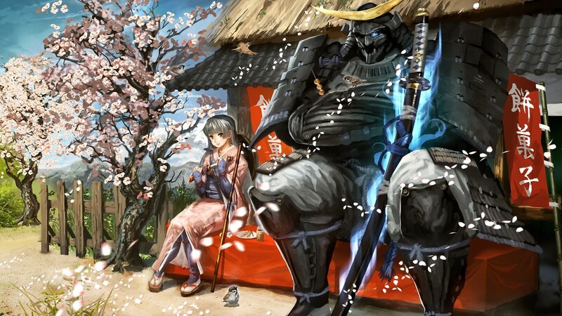 Samurai and girl under cherry blossoms