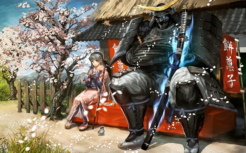 Samurai and girl under cherry blossoms