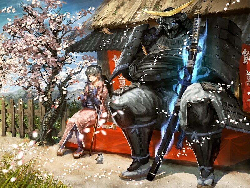 Samurai and Girl under Cherry Blossoms — Pink, Serene, Spring, Digital Art, Cherry Blossoms, Sword