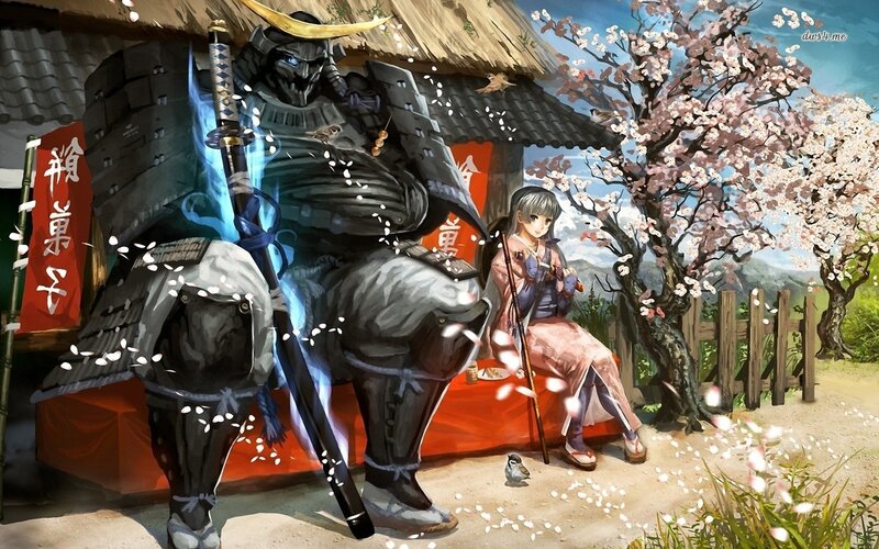 Samurai and Girl under Cherry Blossoms — Pink, Serene