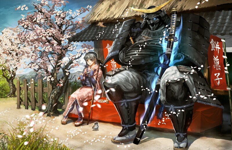 Samurai and Girl under Cherry Blossoms — Pink