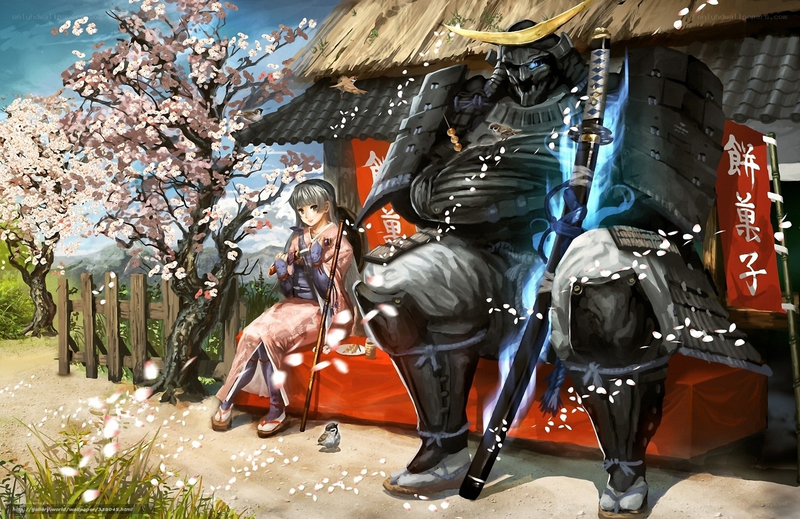 Samurai and girl under cherry blossoms