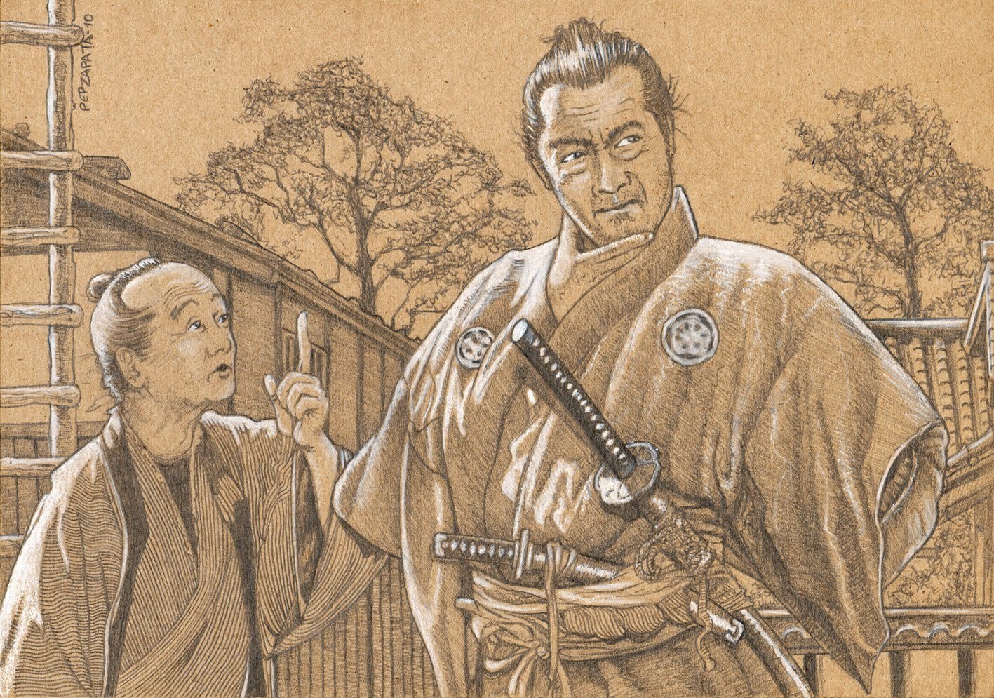 Samurai and townsman in conversation