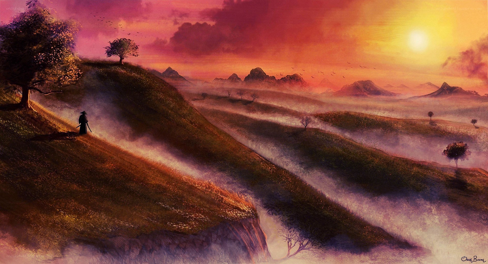 Samurai at sunset on a misty hill