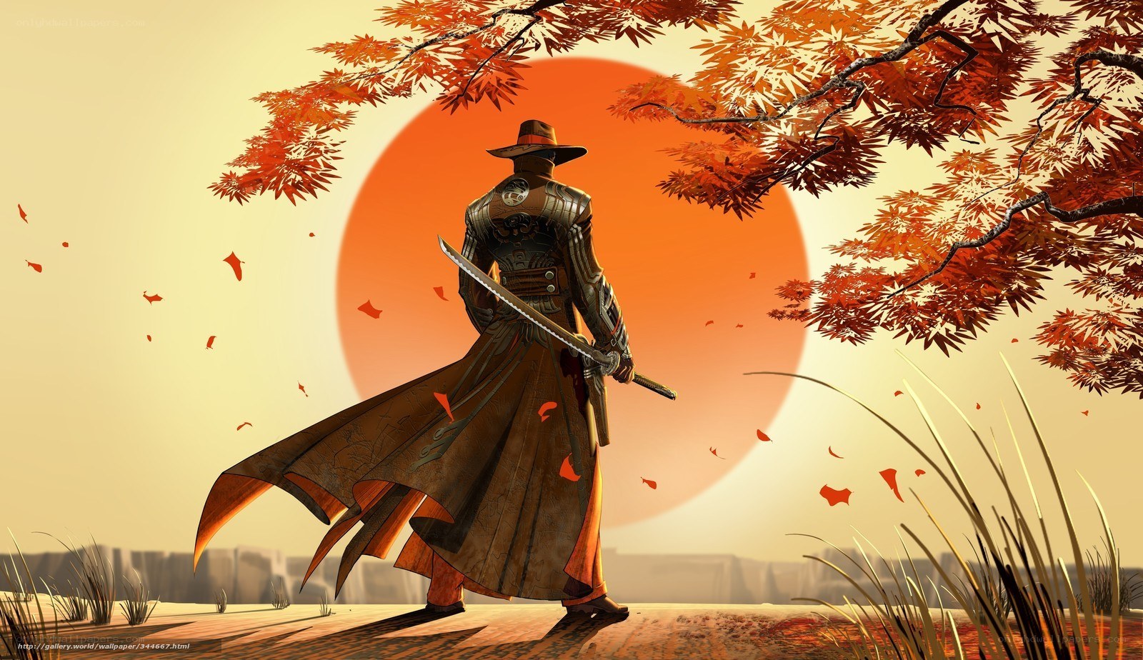 Samurai at sunset with autumn leaves