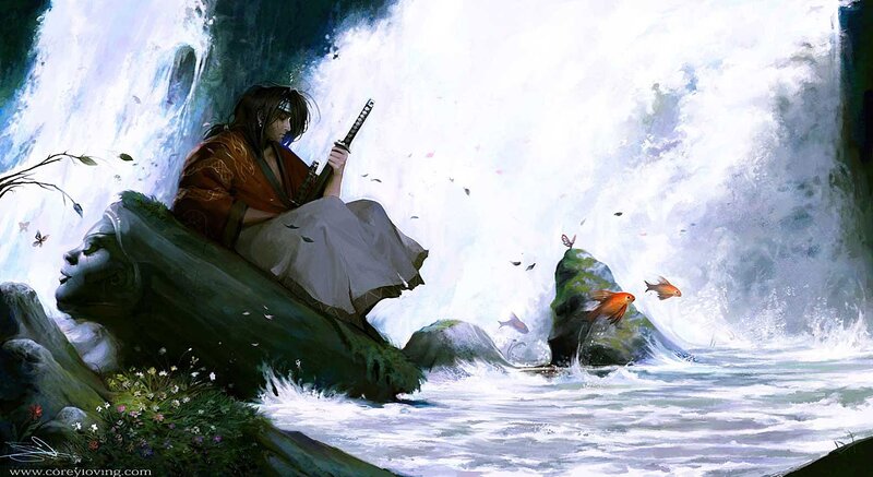 samurai by the waterfall