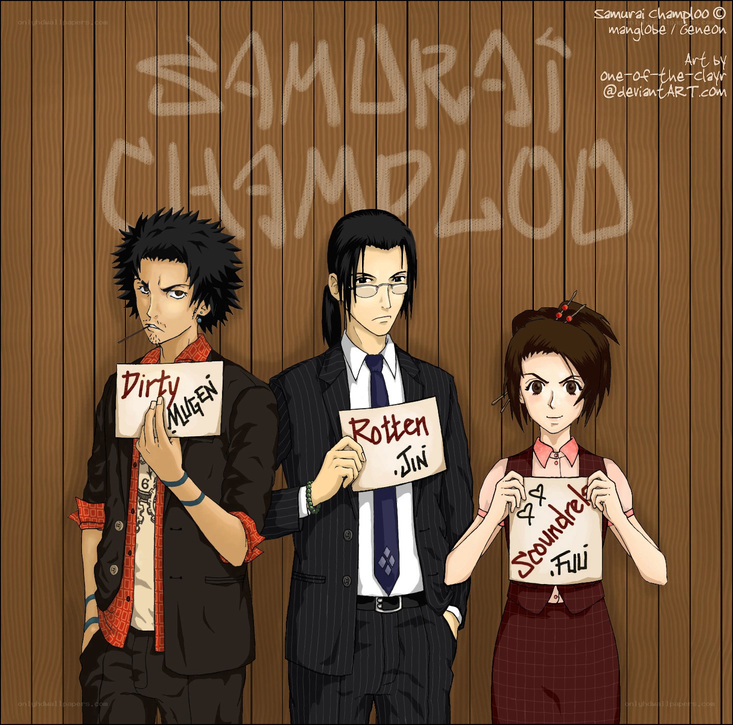 Samurai Champloo characters holding signs