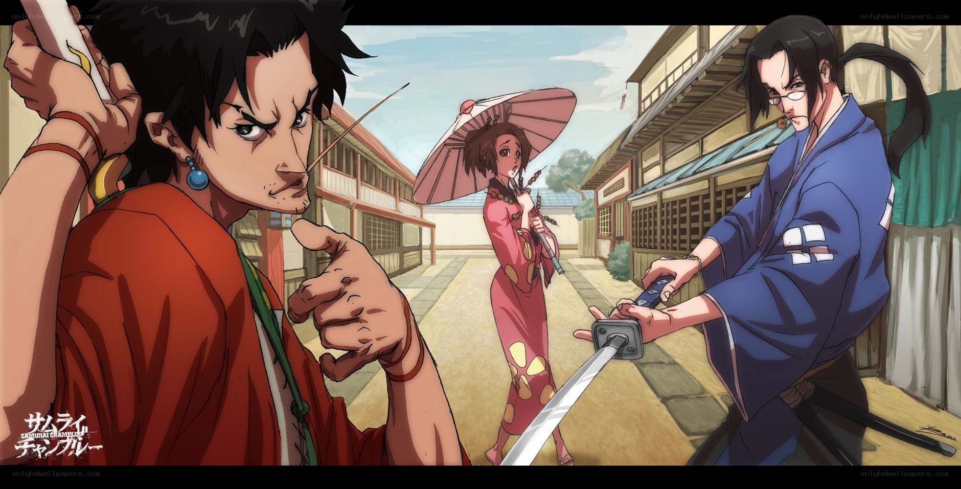 Samurai Champloo characters in street scene