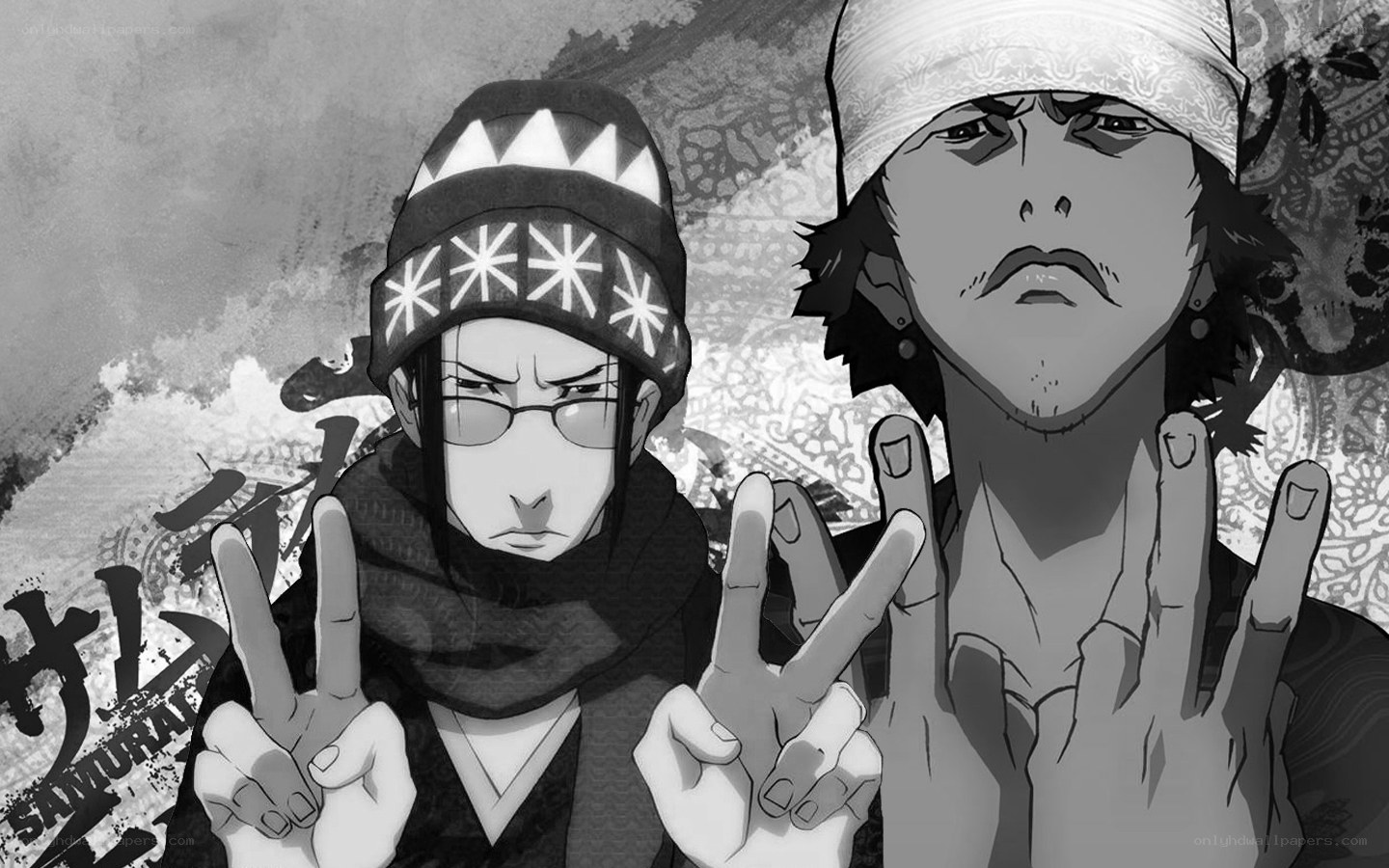 Samurai Champloo characters making peace signs