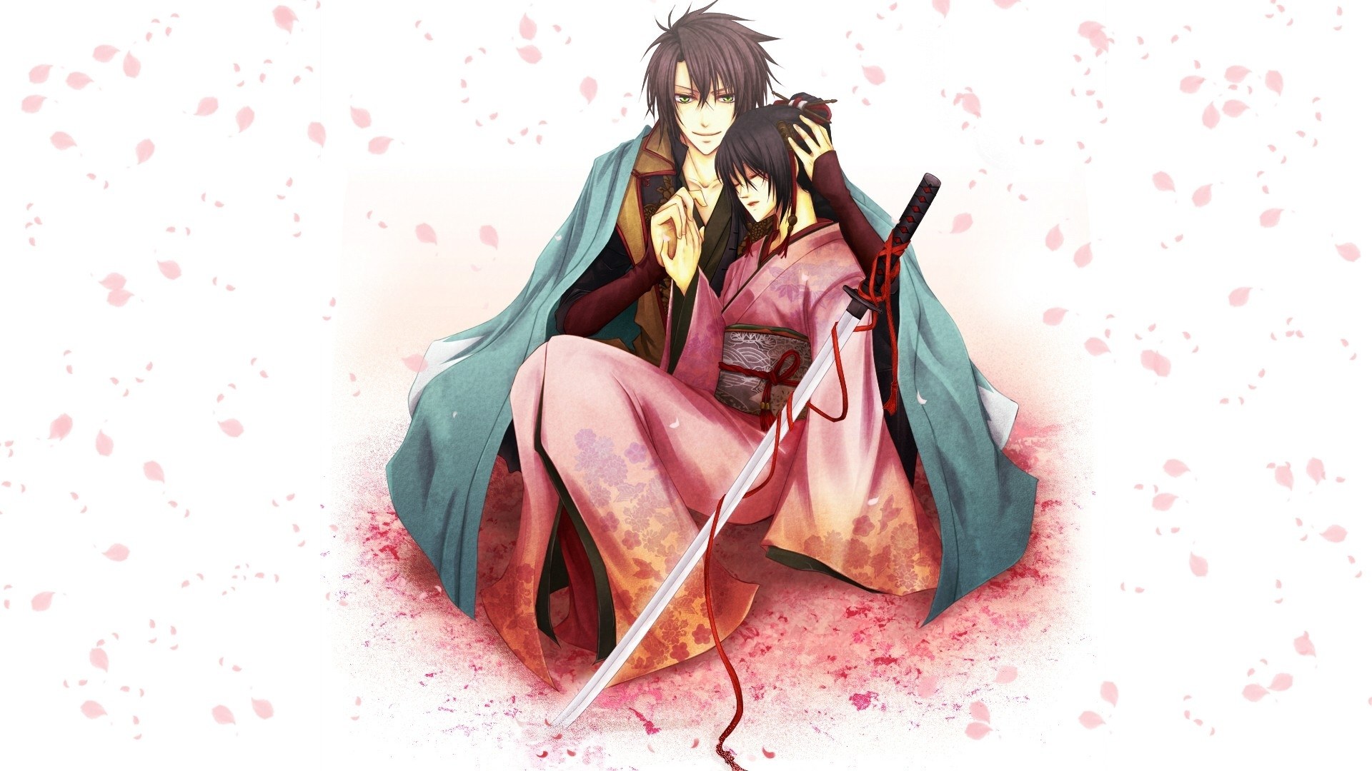 samurai couple in cherry blossoms