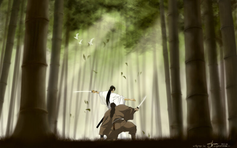 Samurai duel in bamboo forest