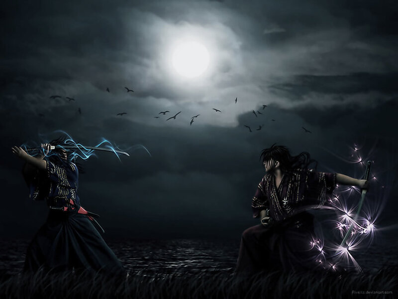 Samurai duel under moonlight