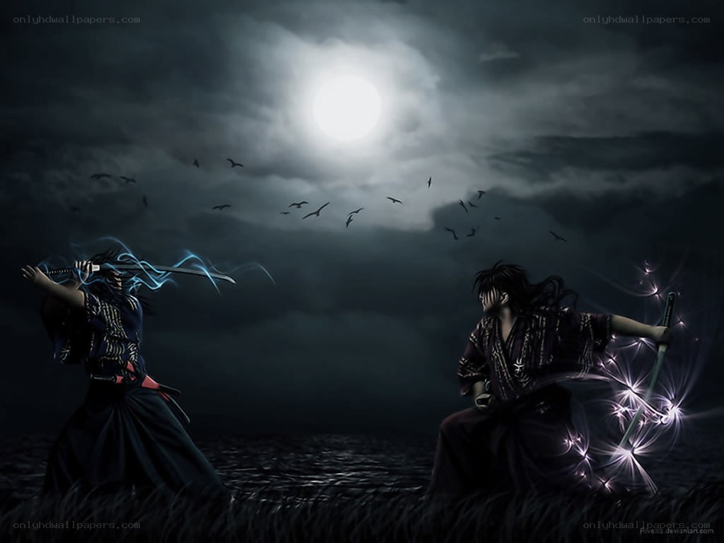 Samurai duel under moonlight