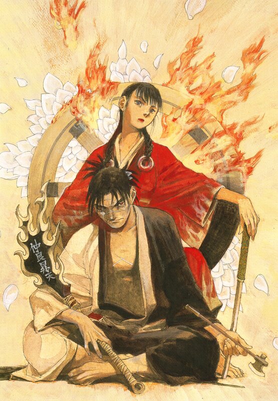 Samurai duo in fire and petals