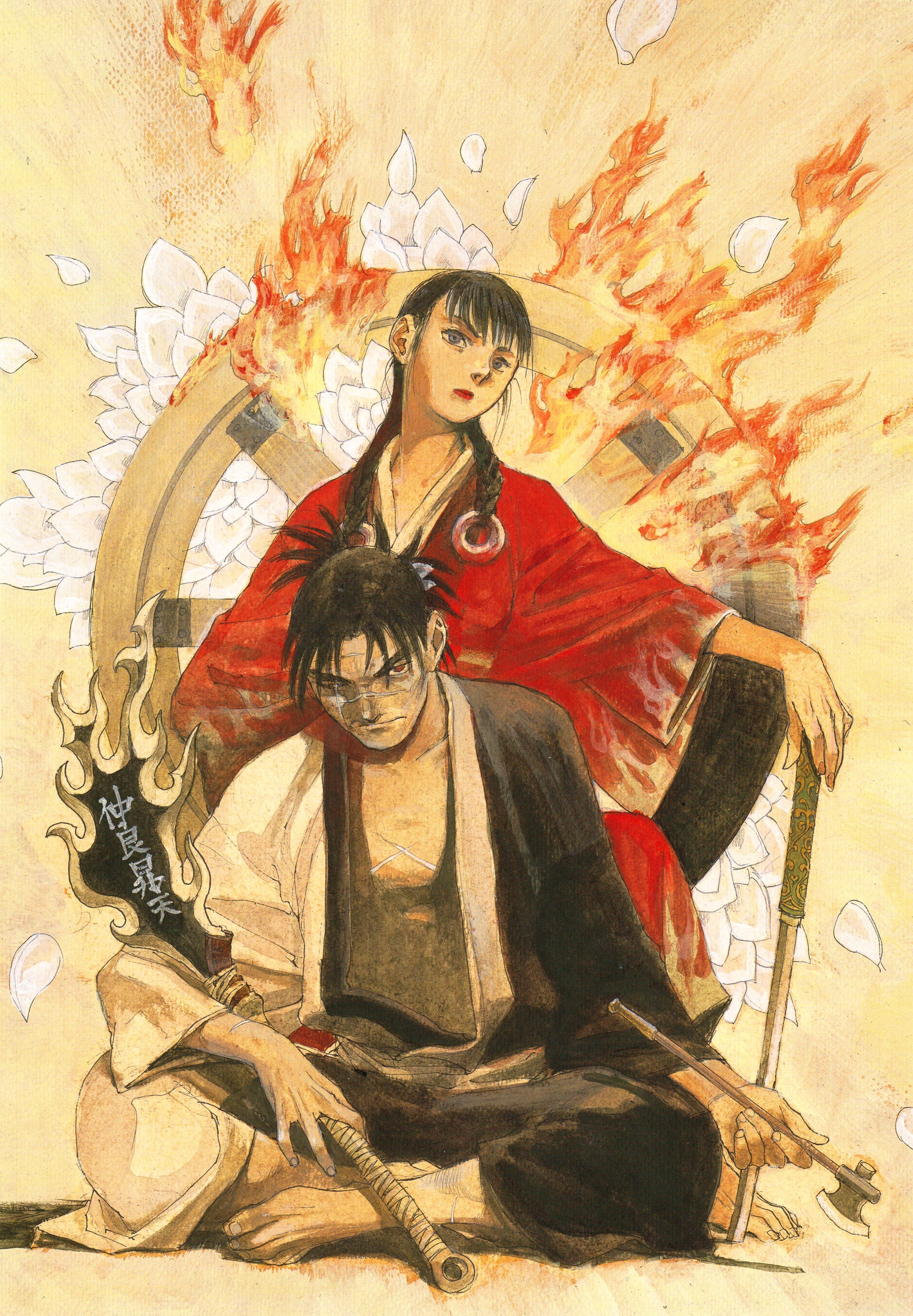 Samurai duo in fire and petals