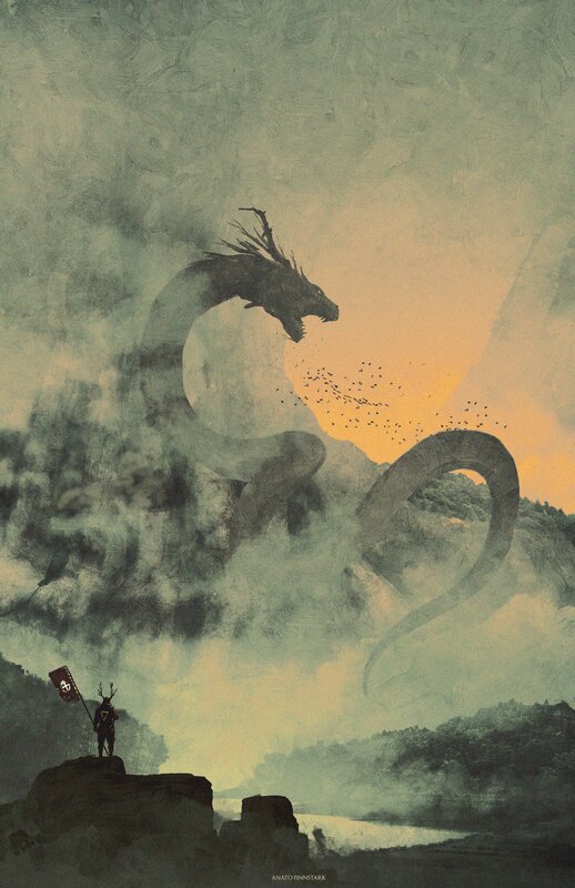Samurai Facing Dragon — Green, Dramatic, Sunset