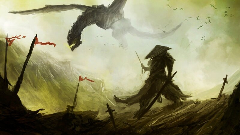 Samurai Facing Dragon — Green, Dramatic