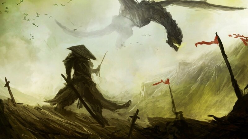 Samurai Facing Dragon — Green