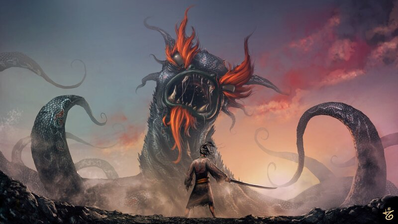 Samurai Facing Giant Serpent