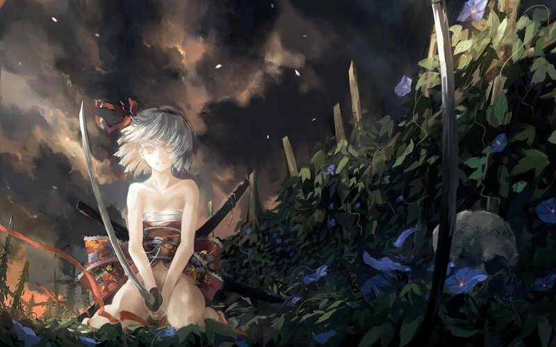 Samurai girl in a war-torn garden