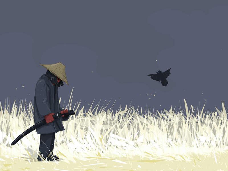 Samurai in a Field — Gray, Dramatic, Night, Digital Art, Bird